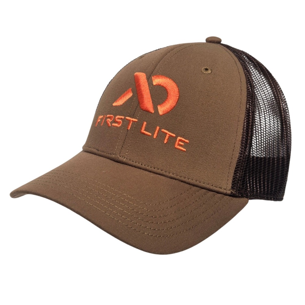 First Lite Trucker Hat Mens Brown Orange Embroidered Logo Mesh Snapback Cap NWOT